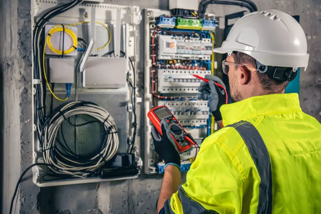 Eletricista trabalhando em um quadro de distribuição aberto, com os disjuntores e os cabos à mostra