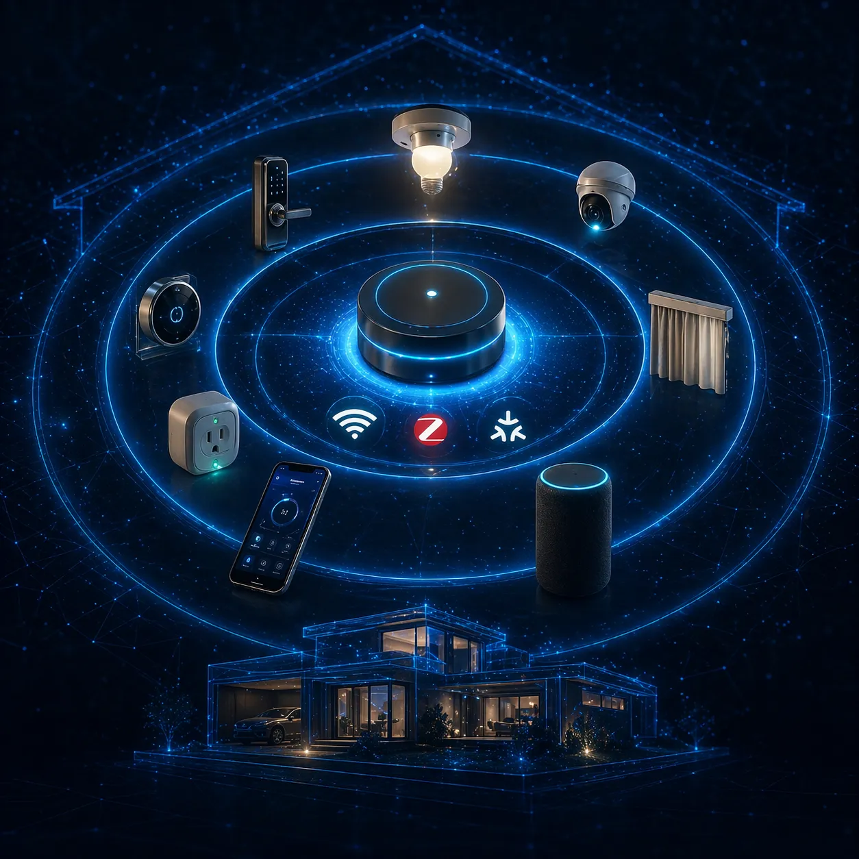 Como funciona um sistema de automação Hub central brilhante flutuando no centro
com quatro camadas irradiando para fora como anéis de luz: anel interno com
símbolos de protocolo Wi-Fi, Zigbee e Matter; segundo anel com ícones de dispositivos
(lâmpada, fechadura, câmera, termostato, motor de cortina, tomada inteligente);
terceiro anel com smartphone e alto-falante inteligente como interfaces de controle;
anel externo com silhueta de casa.