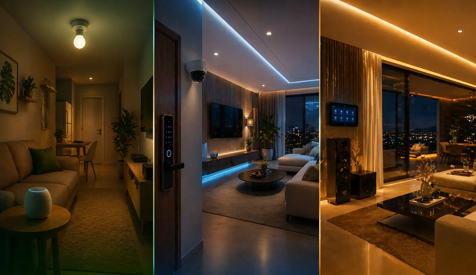 Custos e faixas de investimento três ambientes interiores brasileiros representando
três faixas de investimento em automação residencial. Painel esquerdo: apartamento
brasileiro aconchegante e pequeno, uma lâmpada inteligente e alto-falante de
assistente de voz, iluminação quente e simples. Painel central: sala de estar
moderna e confortável com cenas de iluminação inteligente, câmera de segurança
visível, fechadura inteligente na porta, hub no aparador, funcional e equilibrado.
Painel direito: cobertura brasileira de luxo com iluminação LED arquitetônica,
cortinas motorizadas do chão ao teto, painel de controle elegante, sistema de
áudio premium, sofisticado e refinado.