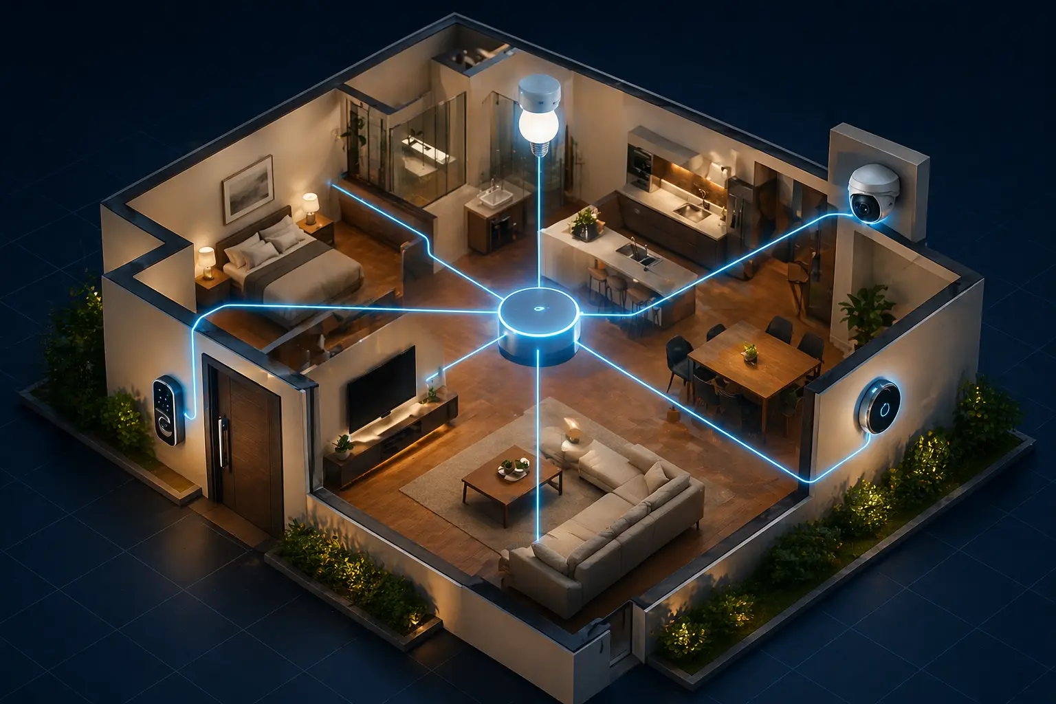 O QUE É AUTOMAÇÃO RESIDENCIAL casa brasileira moderna em corte transversal mostrando o ecossistema de automação residencial. Quatro dispositivos inteligentes brilhantes — lâmpada LED no teto, fechadura digital na porta, termostato na parede, câmera de segurança no canto — conectados por linhas luminosas azuis que convergem em um hub central brilhante no meio da casa. Interior com paredes creme e piso de madeira