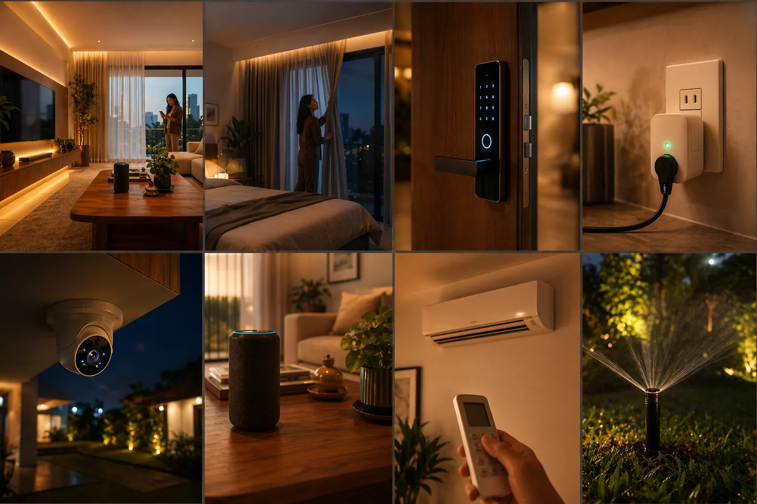 O QUE PODE SER AUTOMATIZADO oito pontos de automação
residencial em uma casa brasileira moderna. Layout de grade dinâmica com 8 painéis:
sala com LED strip âmbar, quarto com cortina motorizada fechando, porta com fechadura
eletrônica brilhante, cozinha com tomada inteligente com LED verde, câmera de
segurança externa à noite com brilho infravermelho, alto-falante inteligente na
sala, ar-condicionado com controle IR, jardim com irrigação automática ligada.