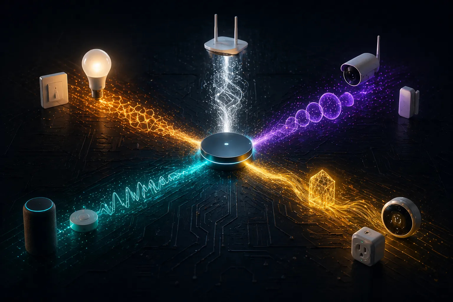 Protocolos Wi-Fi, Zigbee, Z-Wave, Matter rotocolos de comunicação sem fio
para casa inteligente. Cinco padrões distintos de ondas luminosas emanando
de dispositivos de automação residencial, cada um com cor e frequência únicos:
ondas brancas para Wi-Fi, malha hexagonal laranja para Zigbee, ondas esféricas
roxas para Z-Wave, pulsos curtos azul-petróleo para Bluetooth, e onda dourada
unificada com símbolo geométrico de casa para Matter. Todas as ondas convergem
harmoniosamente em um hub central de casa inteligente.