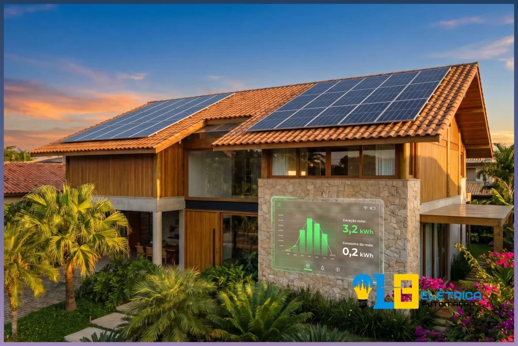 Casa brasileira com painéis solares no telhado e sistema de automação integrado