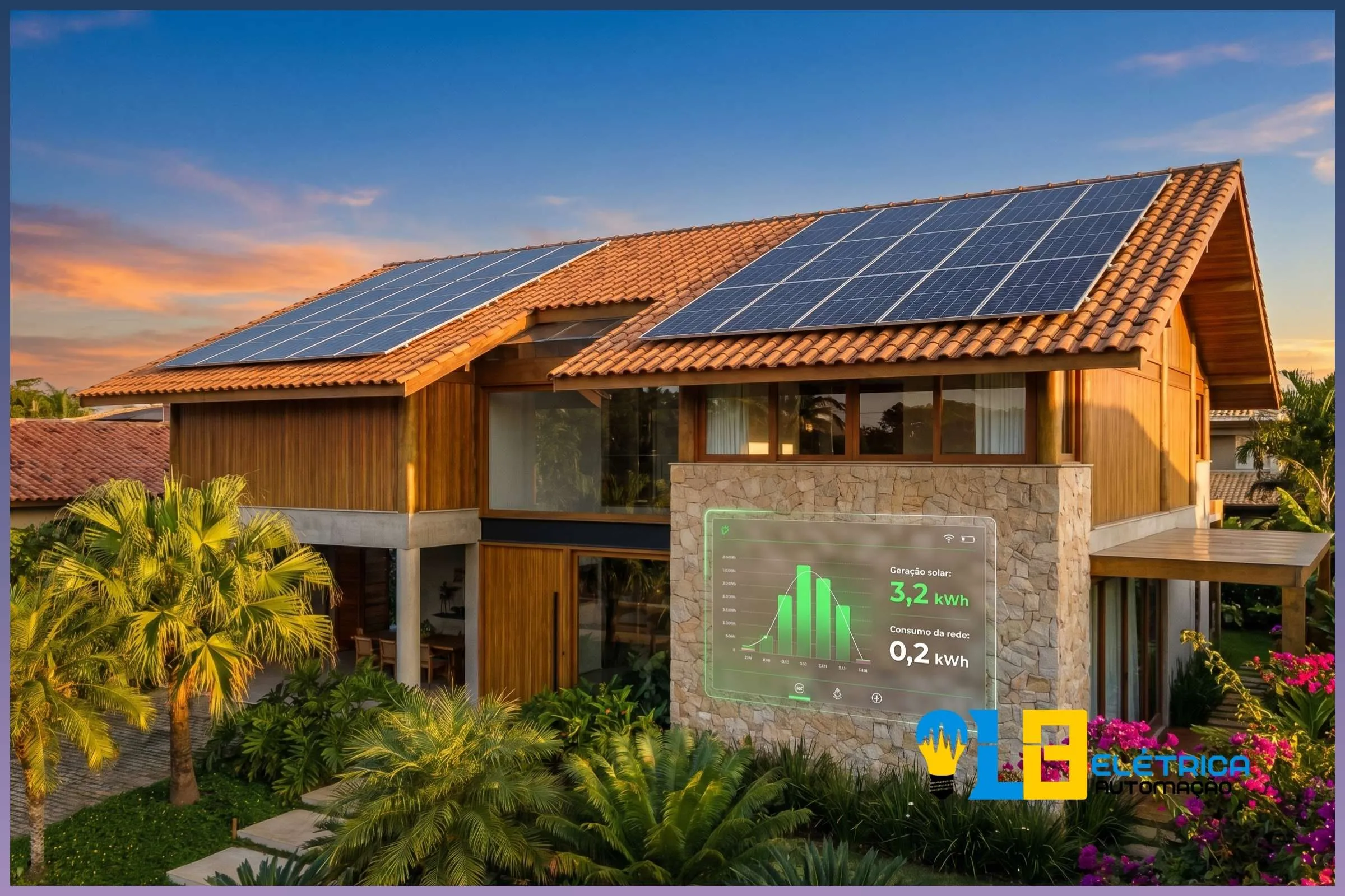 Automação residencial integrada com energia solar fotovoltaica em casa brasileira-min Casa brasileira com painéis solares fotovoltaicos no telhado e sistema de automação residencial integrado exibindo geração de energia solar em tempo real