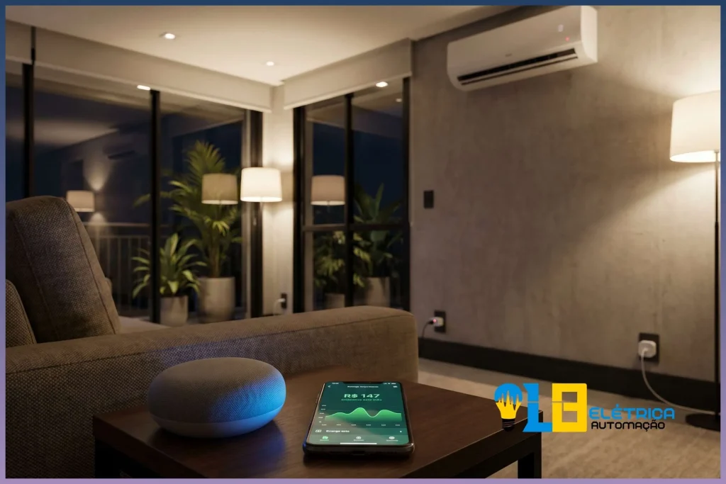 Sala de estar com automação residencial ativa, smartphone exibindo app de monitoramento de energia e tomadas inteligentes instaladas
