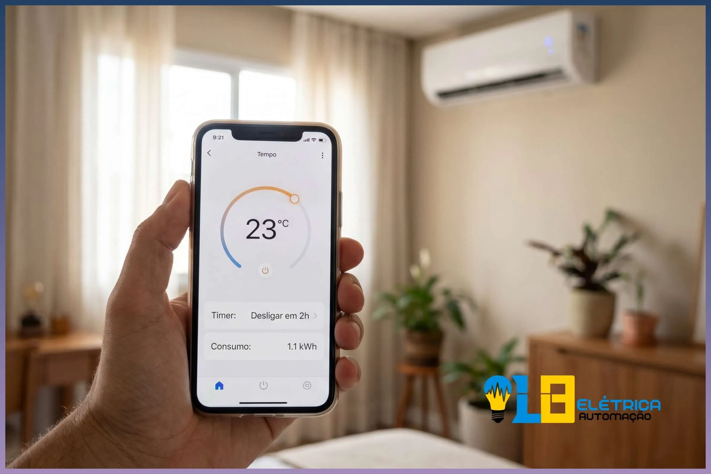 Controle de ar-condicionado inteligente pelo smartphone para economizar energia Pessoa controlando ar-condicionado inteligente pelo smartphone com app de automação residencial mostrando consumo de energia em tempo real