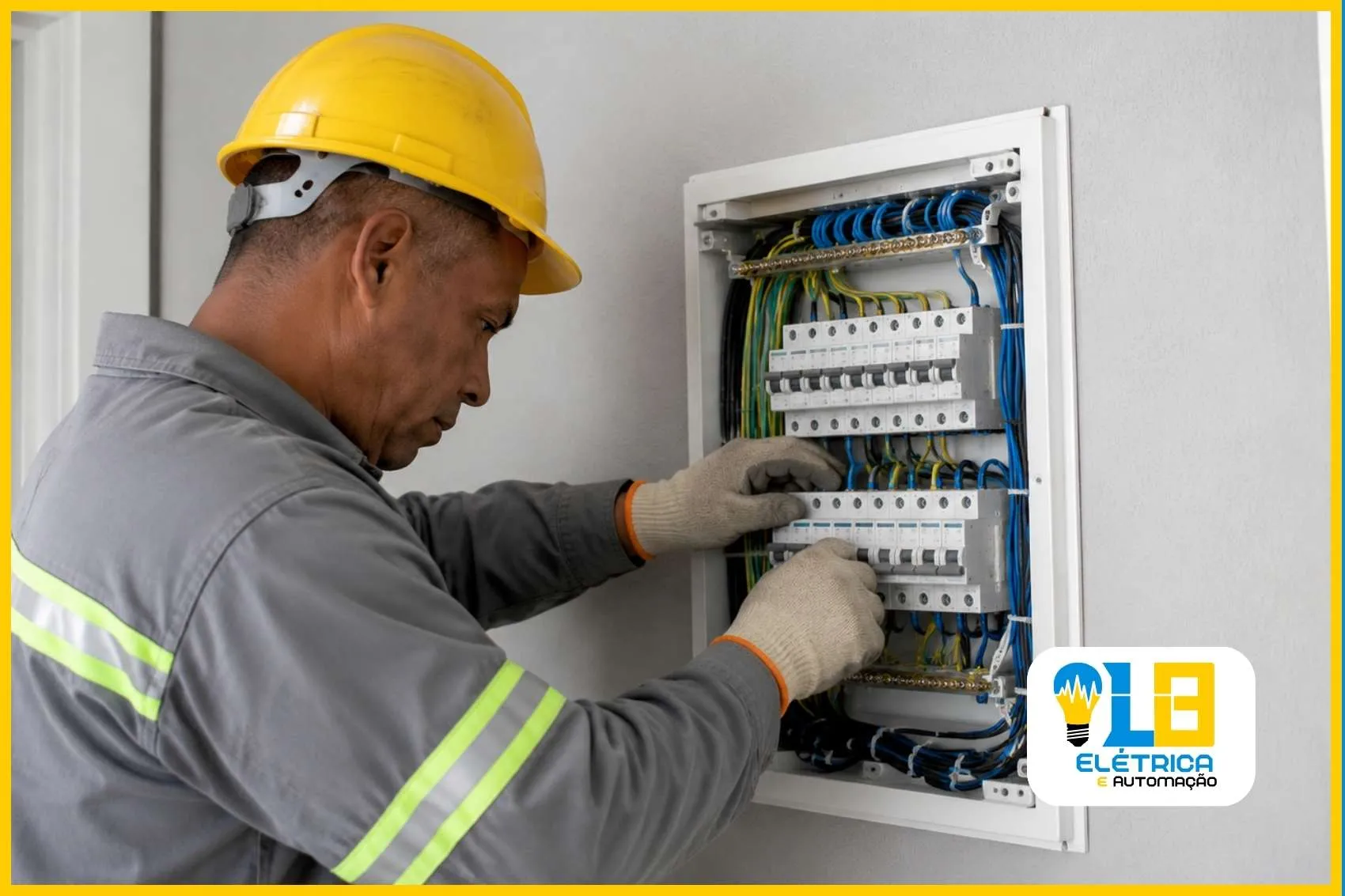 Eletricista profissional organizando quadro de distribuição elétrica residencial em Conceição do Jacuípe
