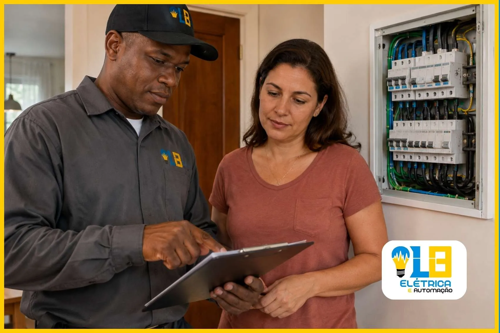 Custo de serviços elétricos residenciais — eletricista apresentando orçamento transparente ao cliente Eletricista apresentando orçamento detalhado de serviços elétricos residenciais para moradora em Conceição do Jacuípe