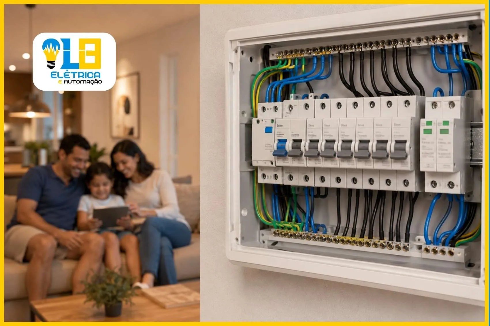 Segurança elétrica residencial — quadro de distribuição com DR e DPS instalados Quadro de distribuição elétrica residencial organizado com disjuntores identificados, DR e DPS instalados, garantindo segurança elétrica para a família