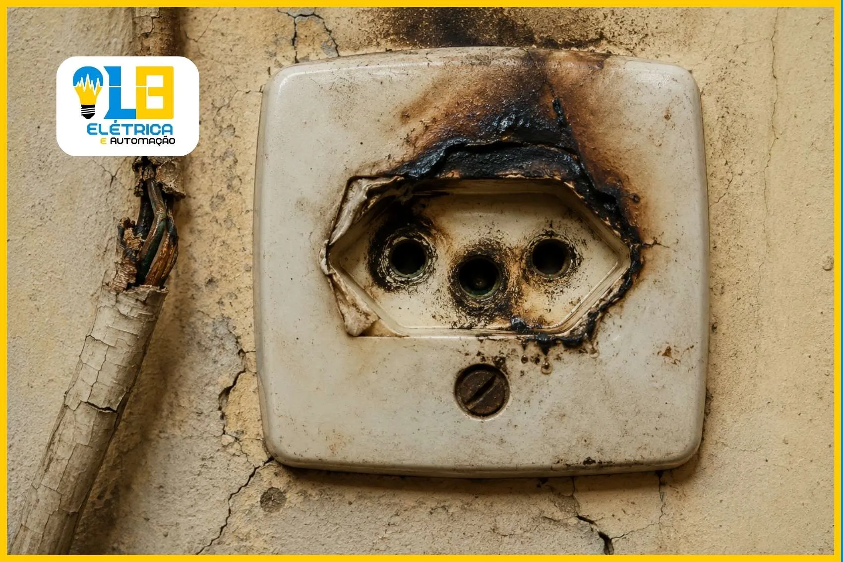 Sinais de instalação elétrica com manutenção necessária — tomada danificada e fio deteriorado Tomada elétrica residencial com marcas de queimado e fio com isolamento ressecado, sinais de que a instalação precisa de manutenção