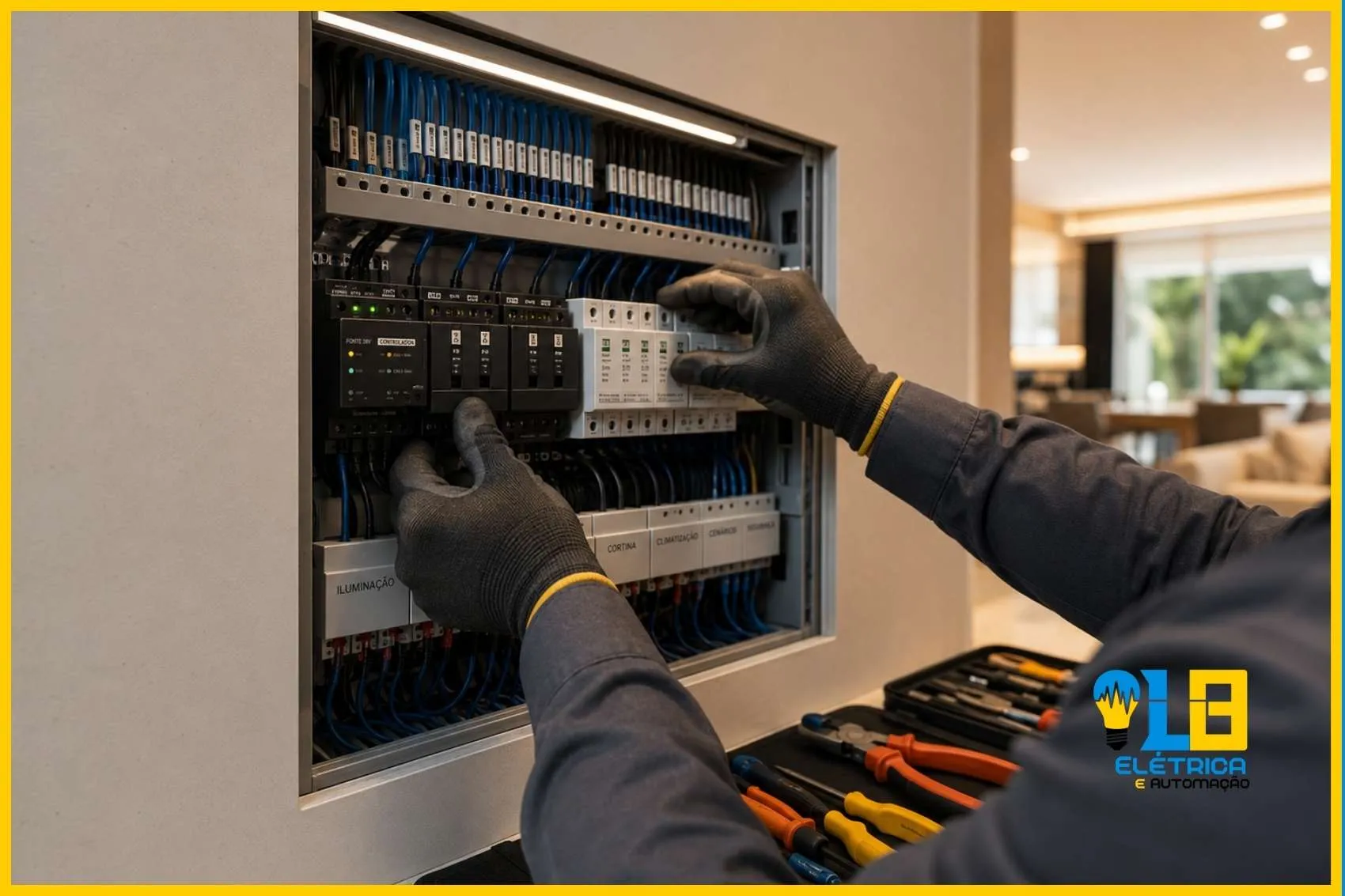 Como Escolher uma Empresa de Automação Residencial Qualificada técnico profissional instalando painel de automação residencial com fiação organizada