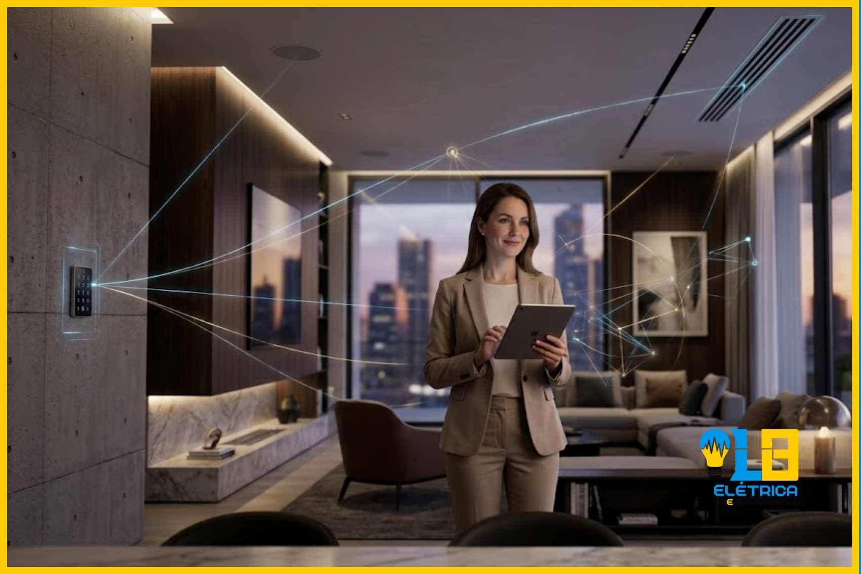 Homeowner sophisticated usando tablet para controlar uma sala de estar de luxo com engenharia de automação residencial invisível sobreposta.