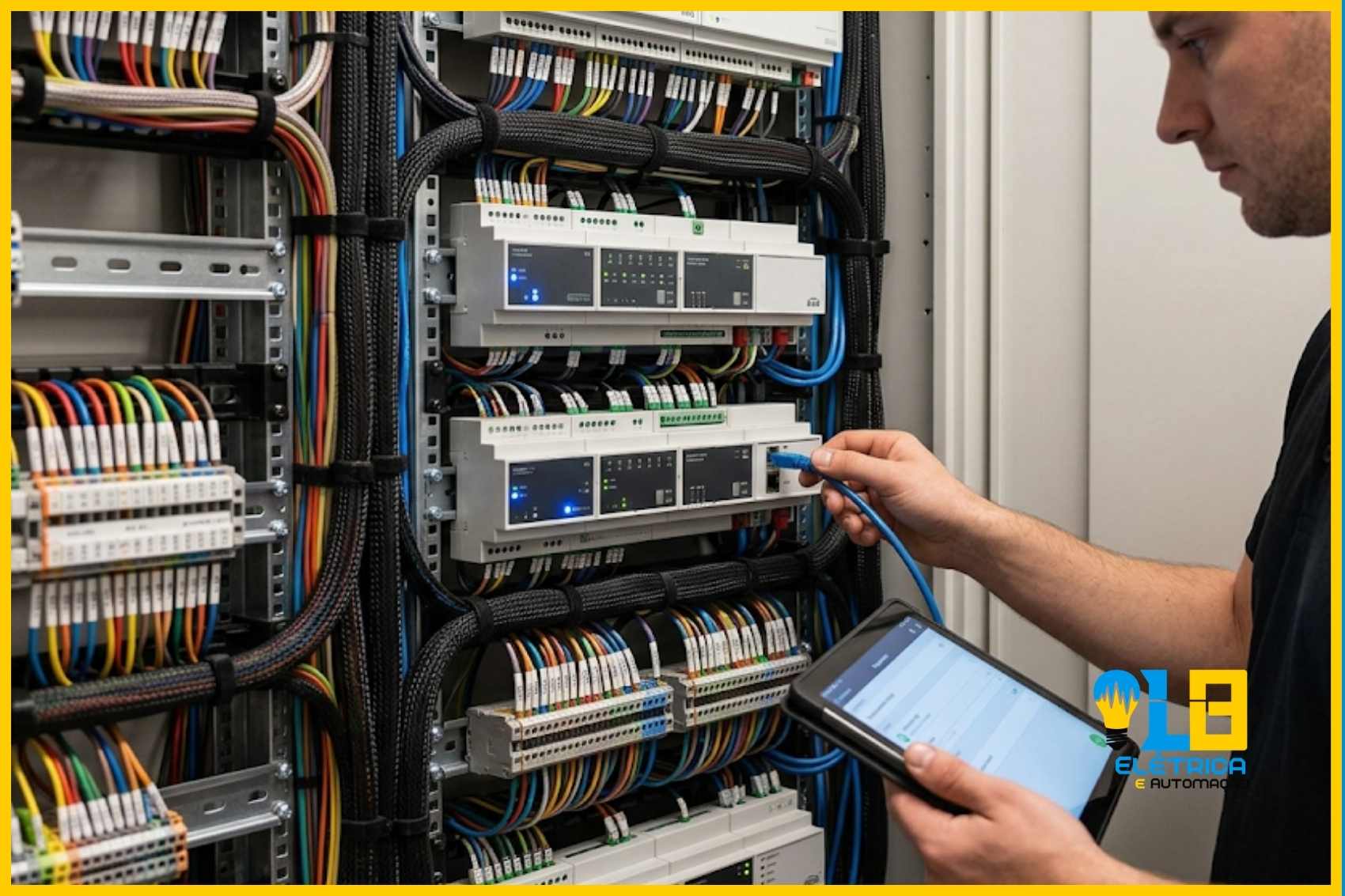 Rack de Automação Residencial Profissional. Close-up técnico de um rack de automação residencial centralizado padrão KNX, com cabeamento estruturado impecável e um técnico fazendo diagnósticos.