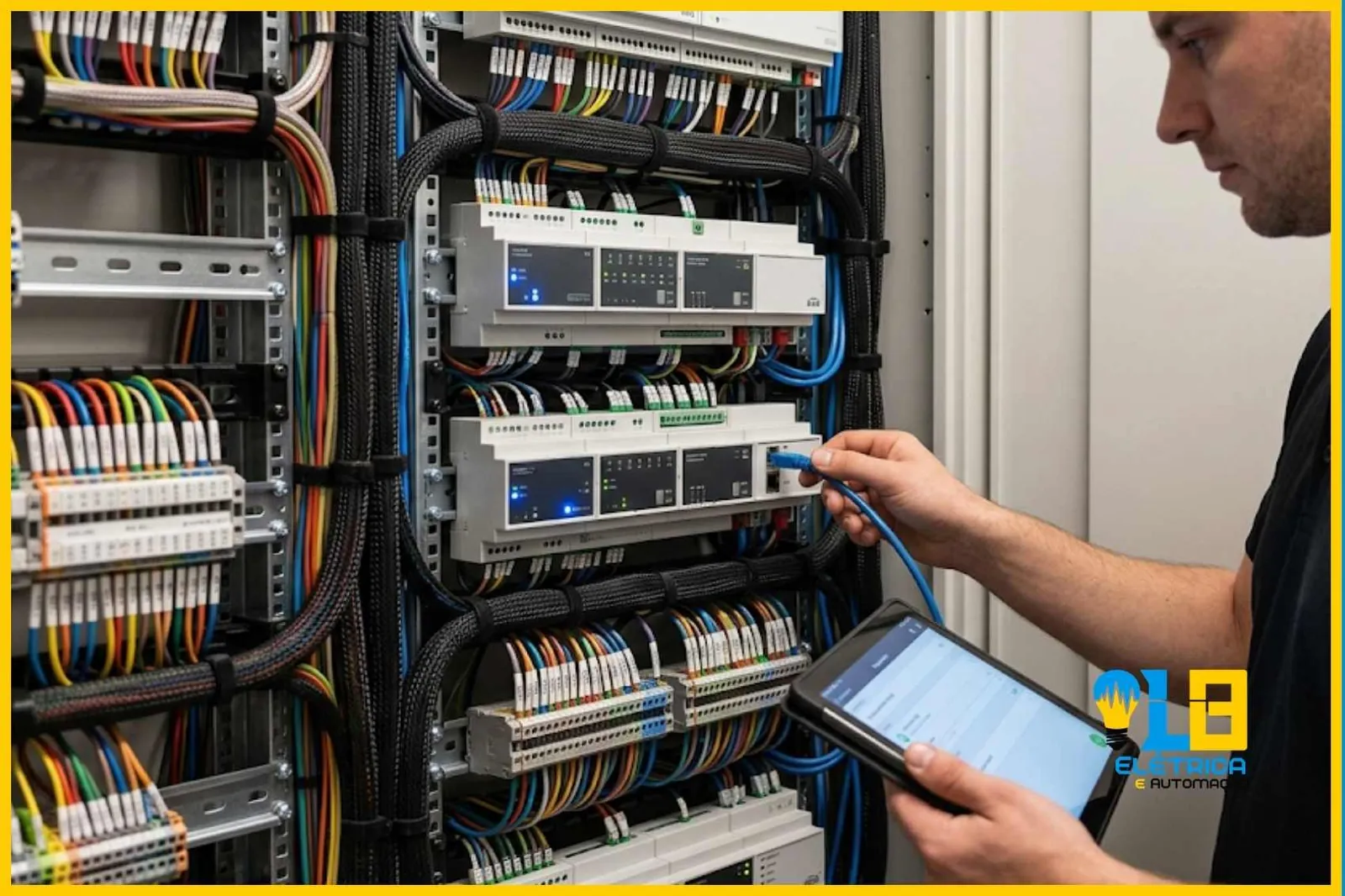 Close-up técnico de um rack de automação residencial centralizado padrão KNX, com cabeamento estruturado impecável e um técnico fazendo diagnósticos.