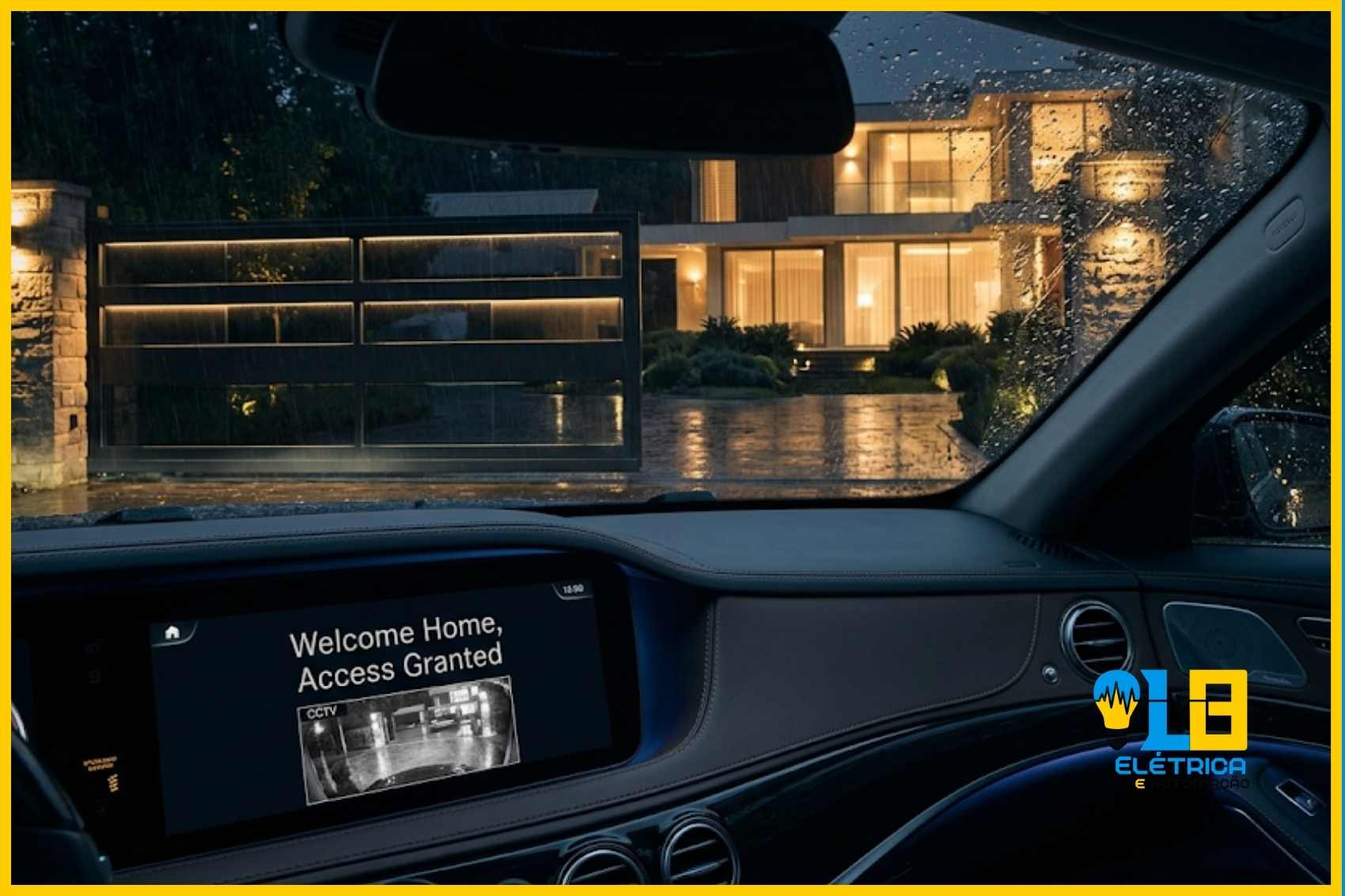 Segurança Integrada e Rotinas de Boas-Vindas. Visão de dentro de um carro de luxo à noite, onde o portão da casa inteligente se abre automaticamente e o painel exibe mensagem de boas-vindas e segurança.
