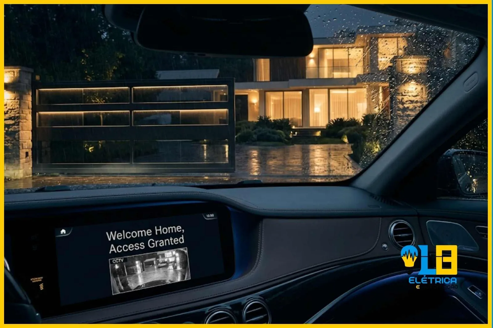 Visão de dentro de um carro de luxo à noite, onde o portão da casa inteligente se abre automaticamente e o painel exibe mensagem de boas-vindas e segurança.