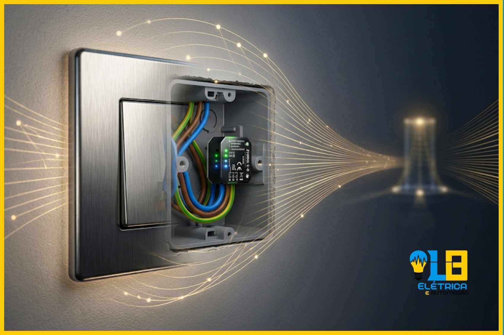 Tecnologia de Retrofitting em Automação Residencial. Efeito de raio-x em um interruptor de luz de luxo, revelando um micromódulo Zigbee escondido dentro da caixa elétrica para automação em casa pronta.