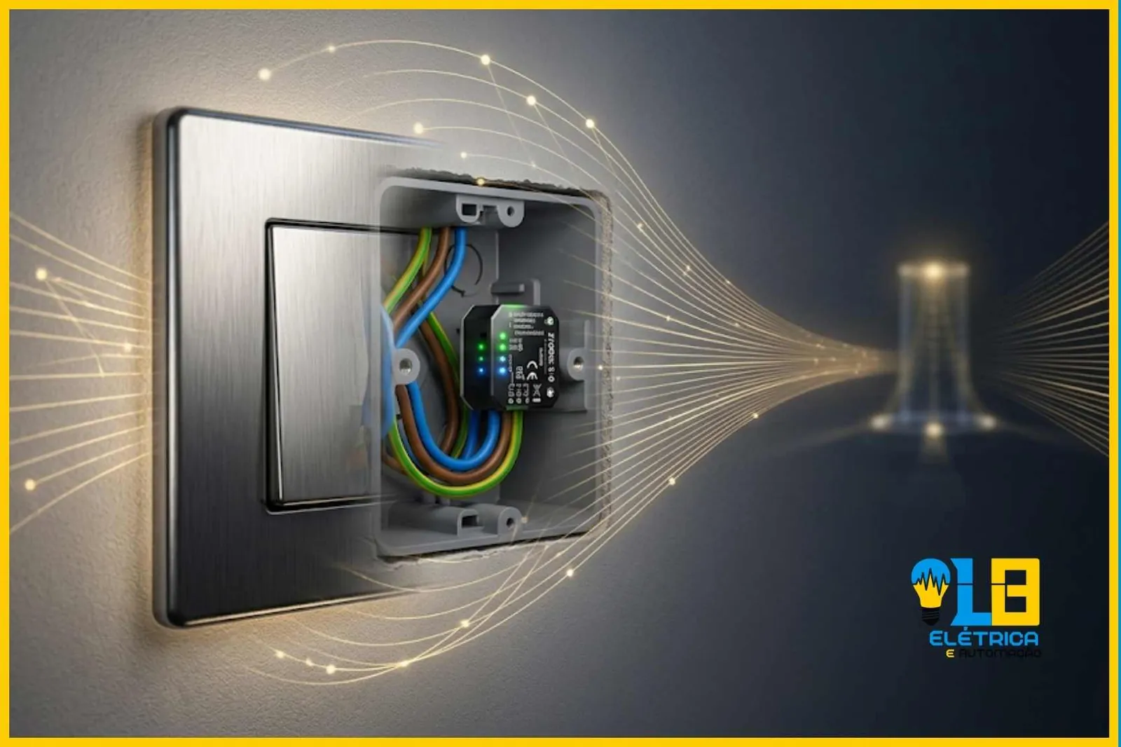 Efeito de raio-x em um interruptor de luz de luxo, revelando um micromódulo Zigbee escondido dentro da caixa elétrica para automação em casa pronta.
