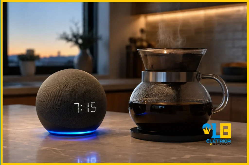 Amazon Echo Dot 5 ao lado de uma cafeteira elétrica passando café quente na cozinha.