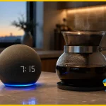 Amazon Echo Dot 5 ao lado de uma cafeteira elétrica passando café quente na cozinha.