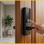 Fechadura digital de sobrepor instalada em porta residencial com acesso por biometria.