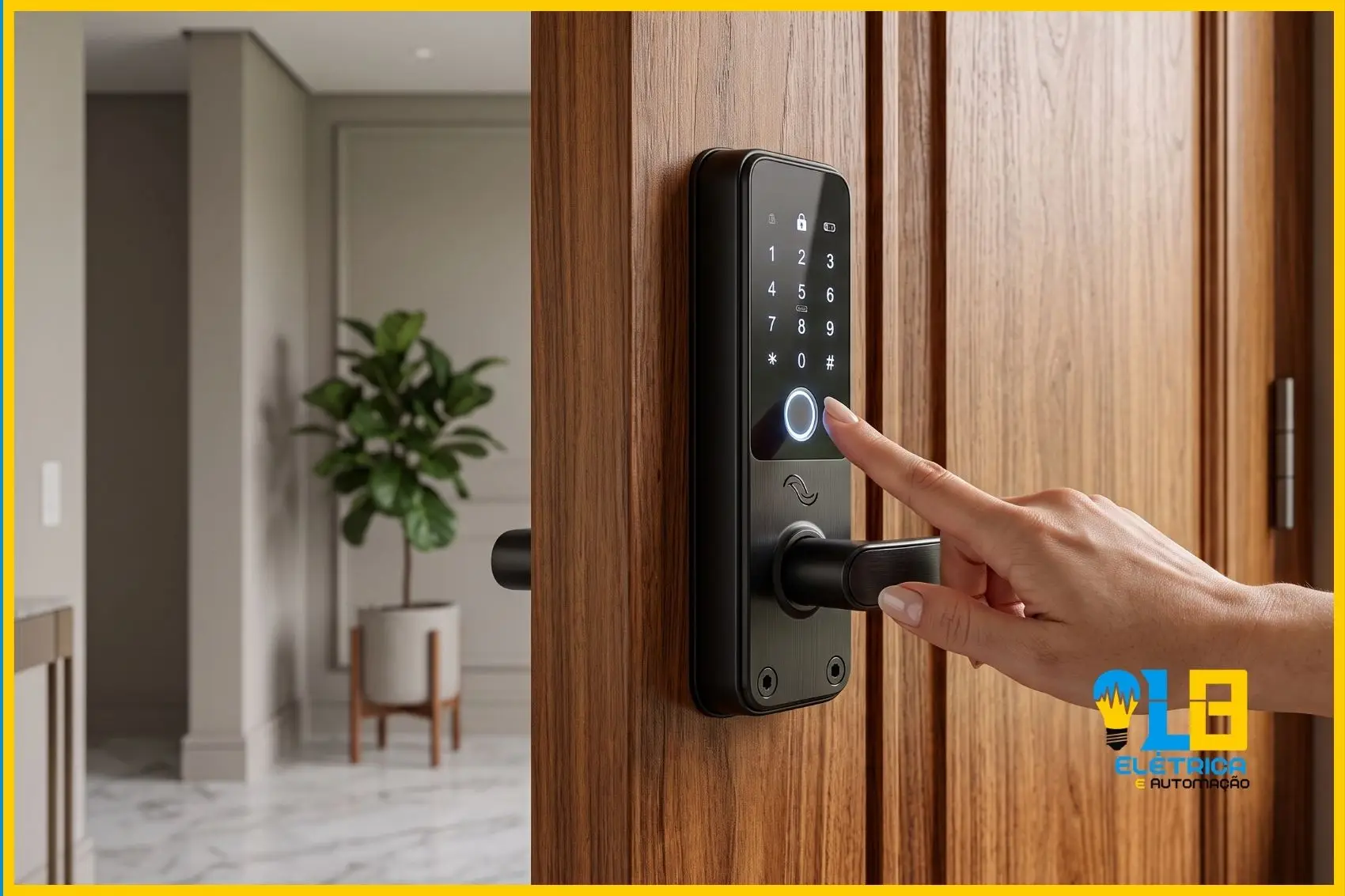 Fechadura digital de sobrepor instalada em porta residencial com acesso por biometria.