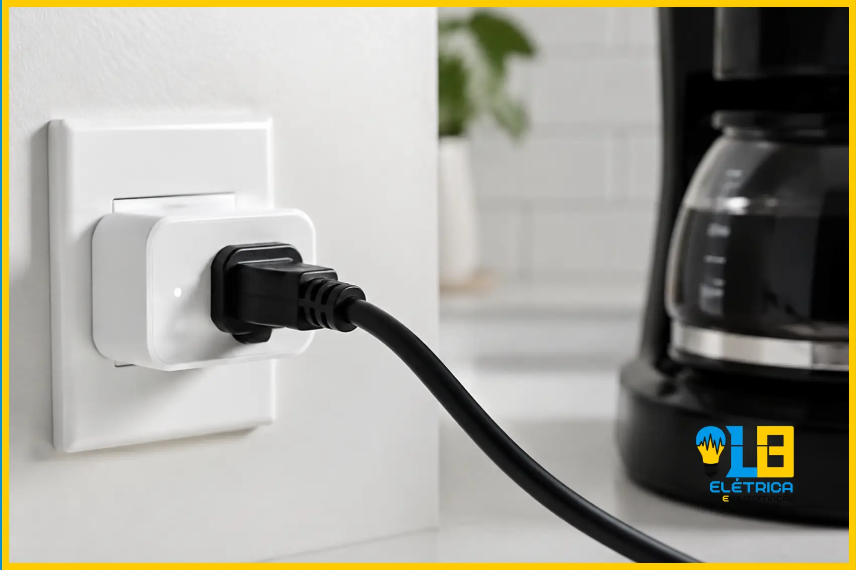 Tomada inteligente Wi-Fi conectada na parede com o cabo da cafeteira plugado nela.