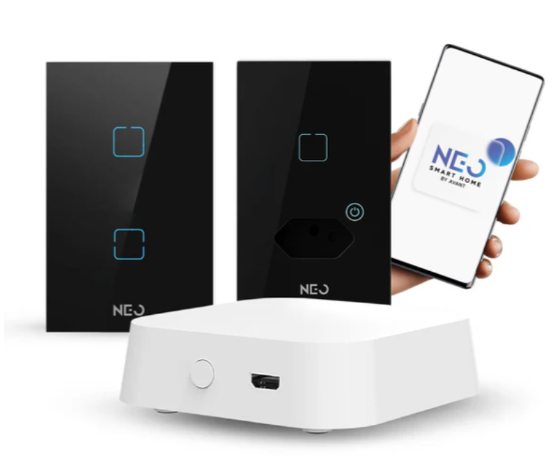 Kit Automação Hub Zigbee com Interruptores Tomada Inteligente Preto 4x2 Bivolt Neo Avant