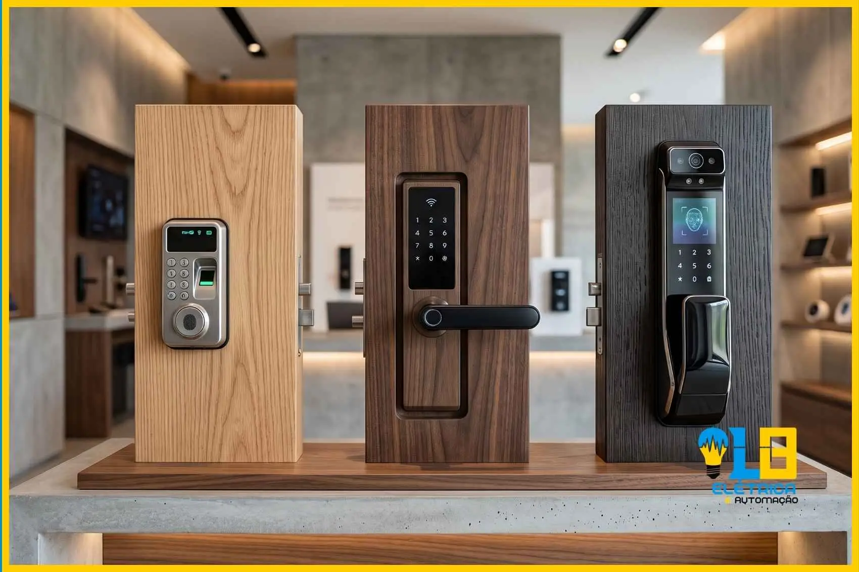 Comparação entre fechaduras digitais básica, intermediária e premium com biometria, senha e reconhecimento facial.