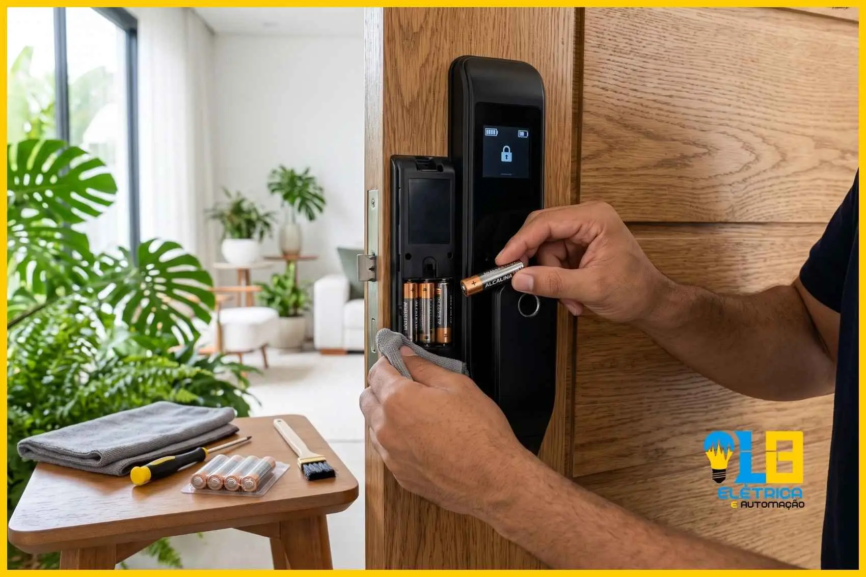 Manutenção de fechadura digital com substituição das pilhas e verificação do mecanismo em porta residencial.