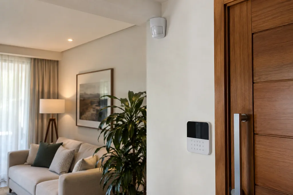 Central de alarme residencial com sensor de presença instalado na parede de uma sala