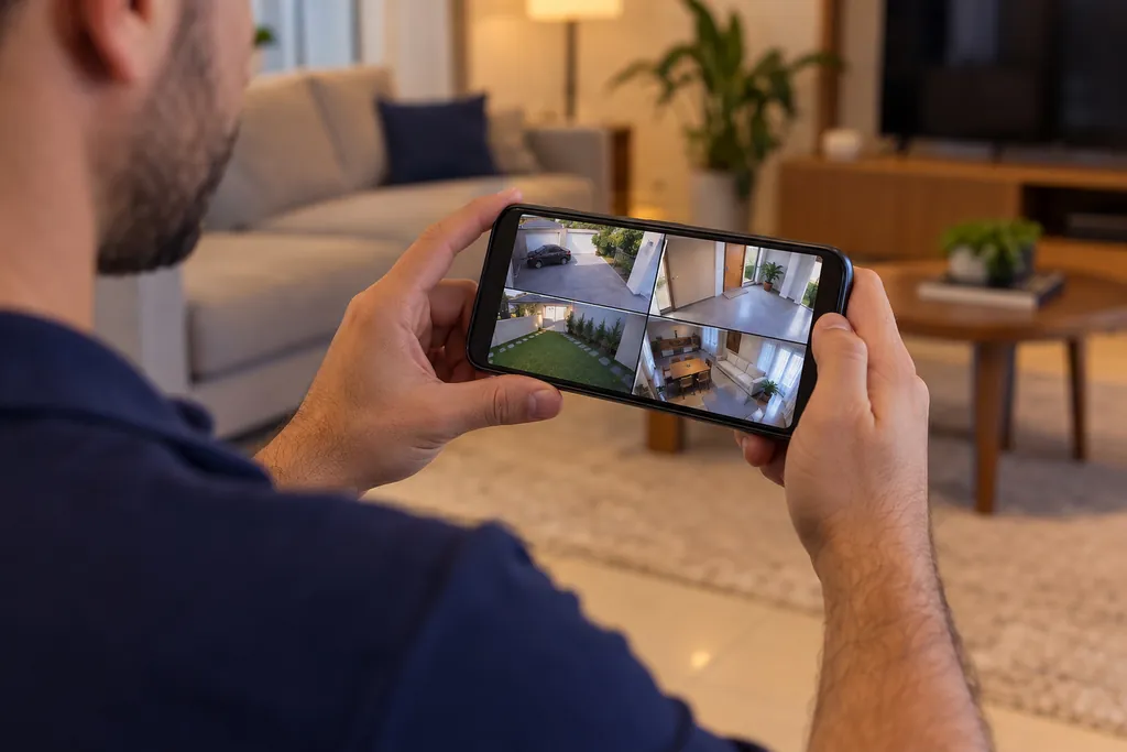 Imagem de câmera de segurança aberta no aplicativo do celular, ao lado de uma casa monitorada