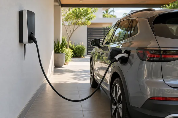 Ponto de recarga de carro elétrico instalado em parede de garagem