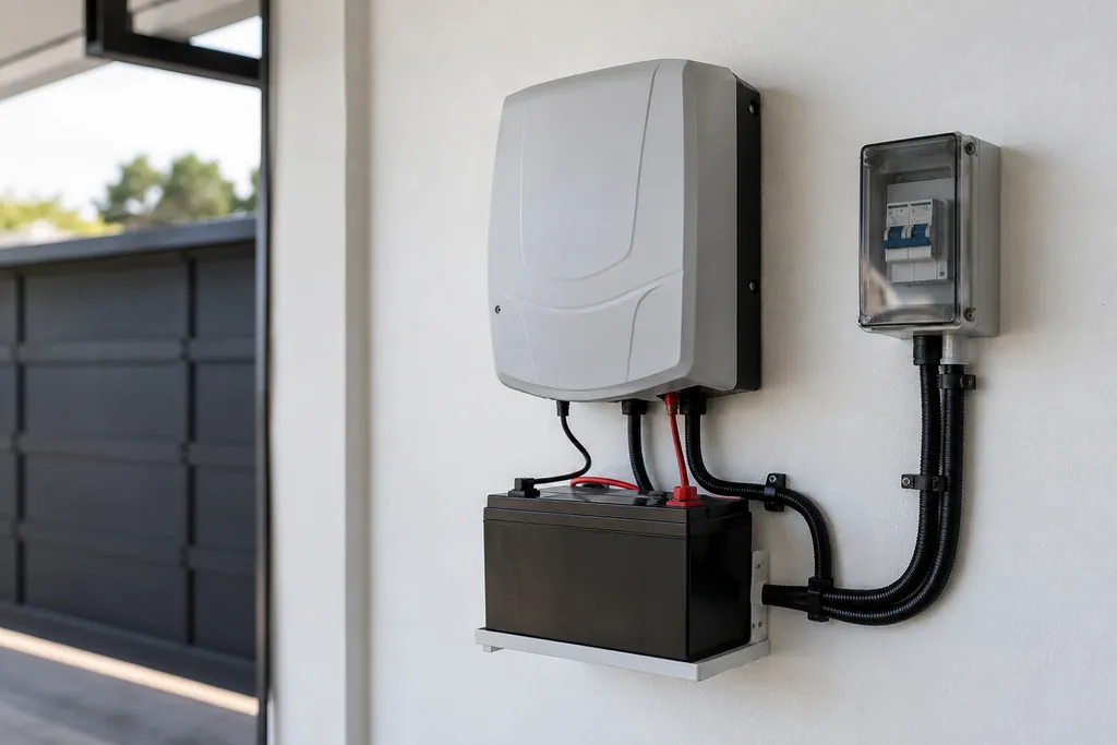 Central de cerca elétrica com bateria instalada na parede, com os cabos de ligação aos fios do muro