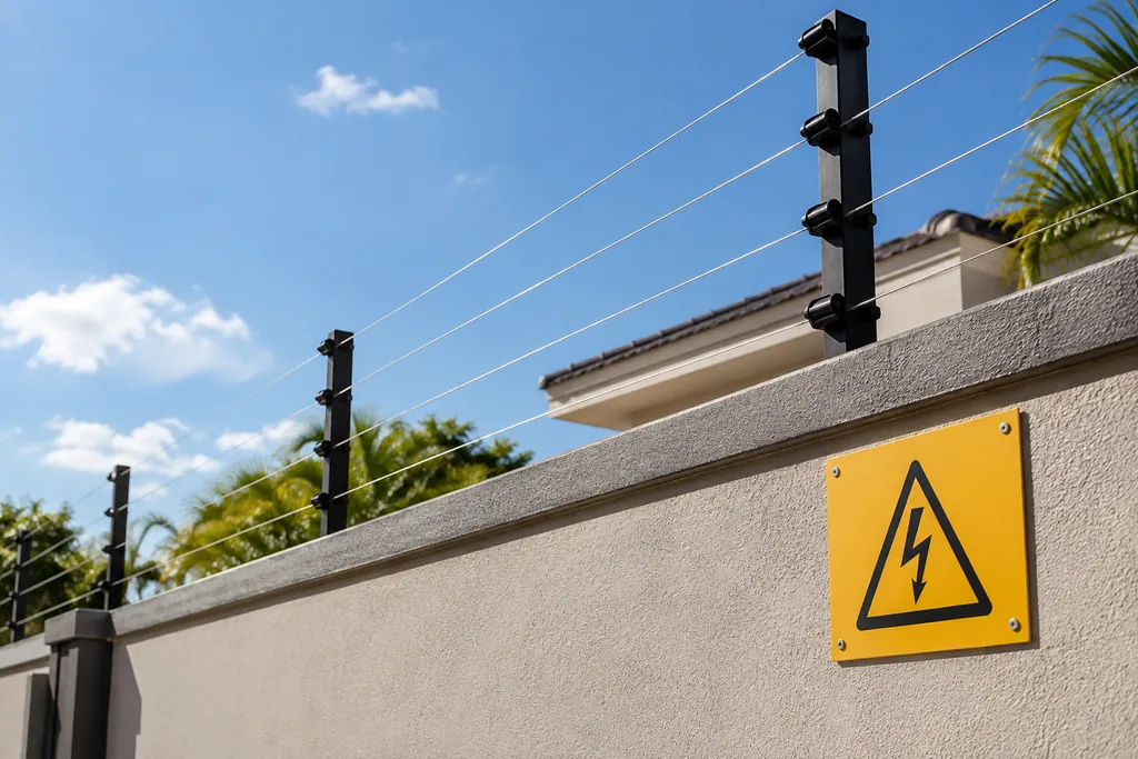 Cerca elétrica instalada sobre um muro residencial, com placa de advertência fixada ao lado dos fios