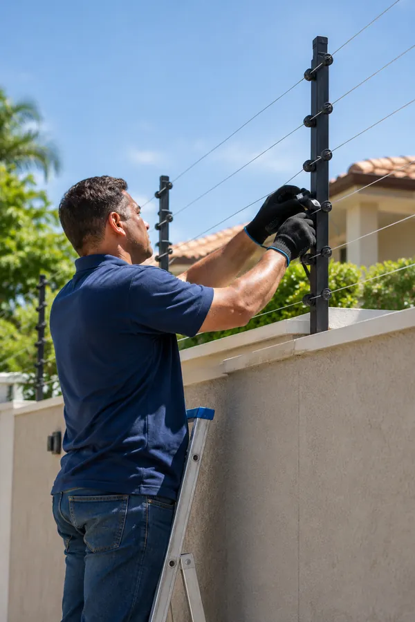 Técnico instalando cerca elétrica em muro residencial
