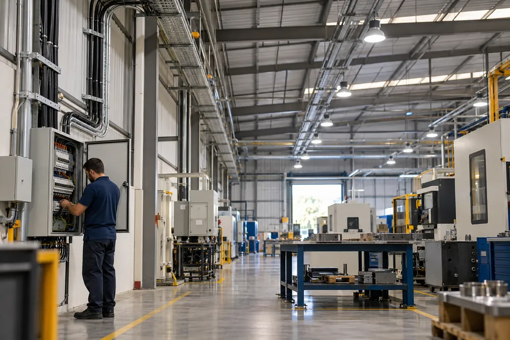 Interior de um galpão industrial com estrutura metálica, eletrocalhas e quadros elétricos ao fundo