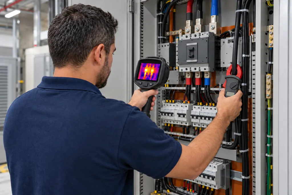 Eletricista inspecionando um quadro elétrico com uma câmera térmica para localizar pontos quentes