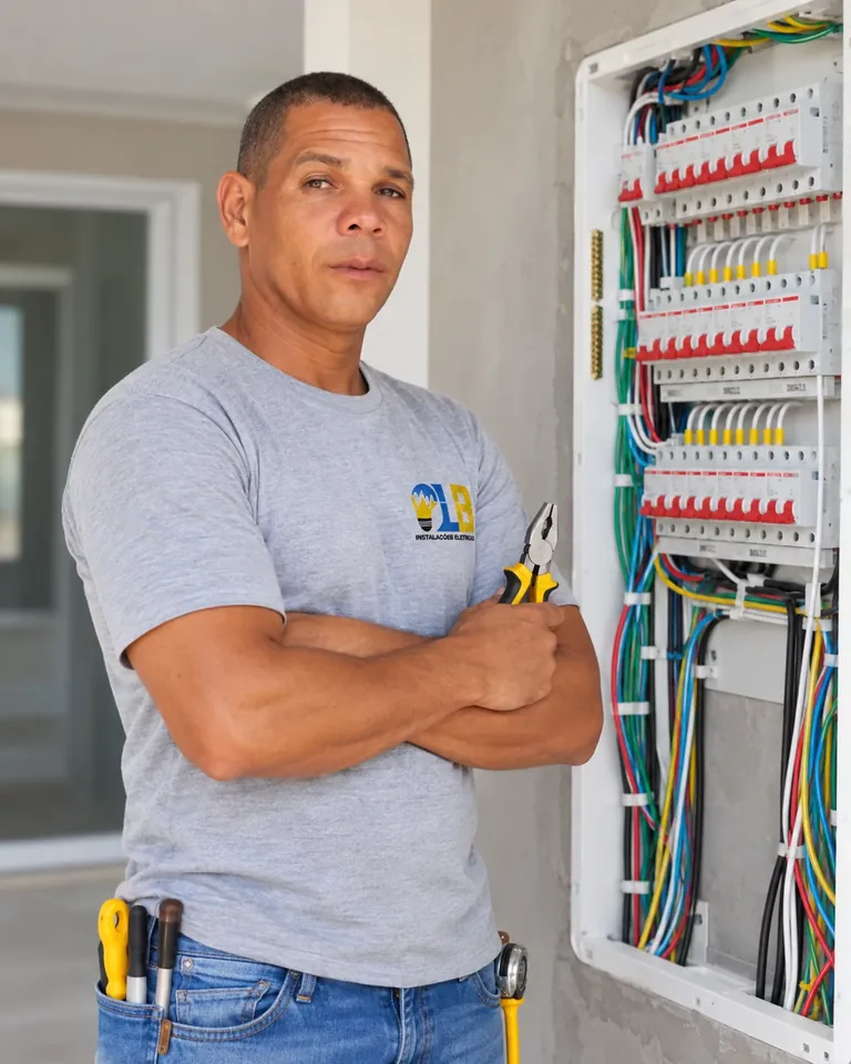 Luciano Brandão, cofundador da LB, em frente a um quadro de distribuição elétrico