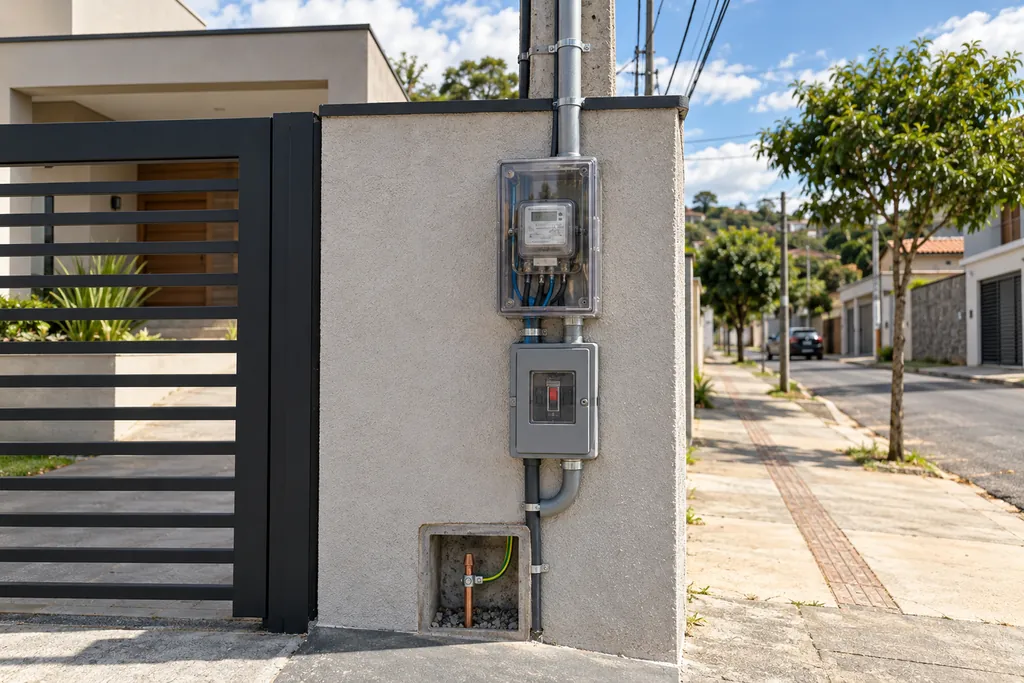 Padrão de entrada de energia em muro de residência, com caixa de medição, caixa do disjuntor geral, eletroduto e caixa de aterramento no pé do muro