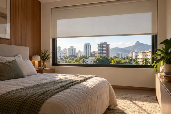 Persiana rolô motorizada em um quarto
