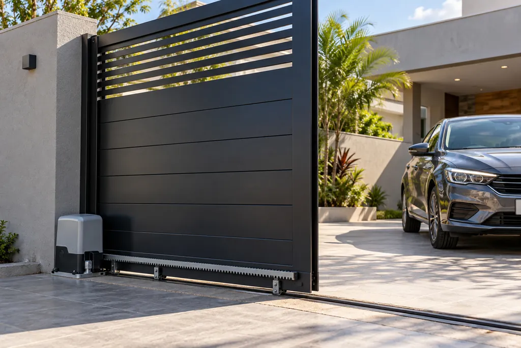 Motor de portão deslizante com cremalheira instalado na lateral de uma garagem residencial