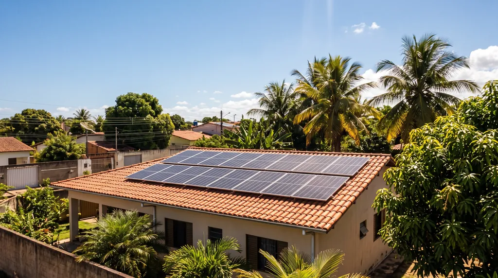 Casa em bairro da Bahia com telhado de telhas cerâmicas e placas solares, sob sol forte