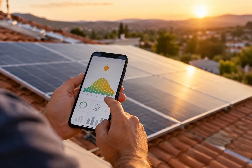 Mãos segurando um celular com o gráfico de geração do aplicativo do inversor, em frente a painéis solares no telhado ao pôr do sol