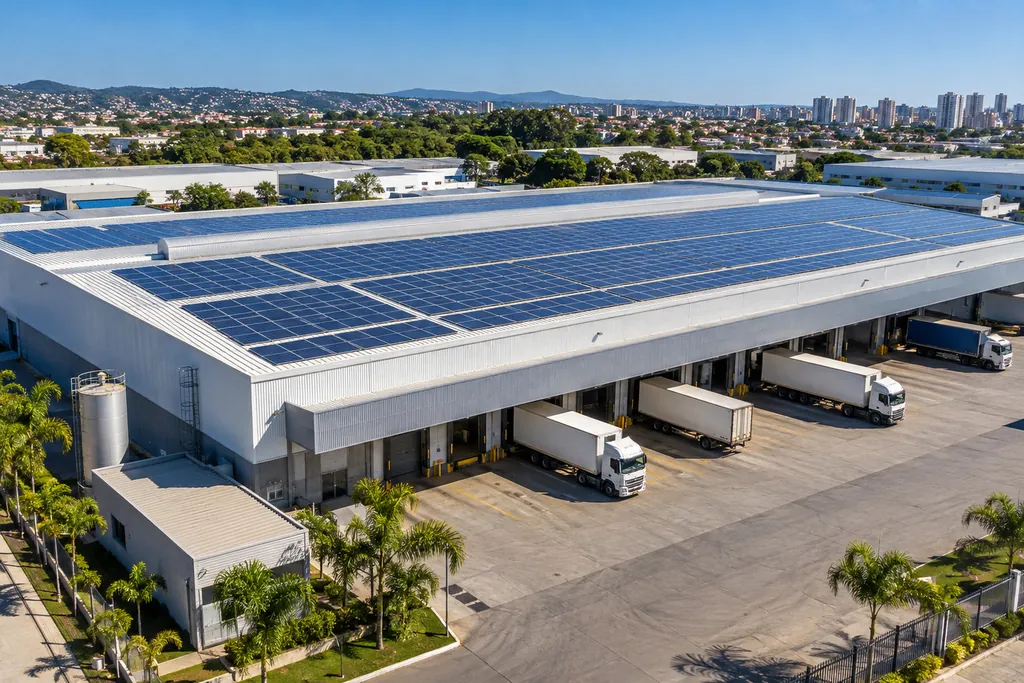 Galpão comercial com painéis solares instalados em toda a extensão do telhado