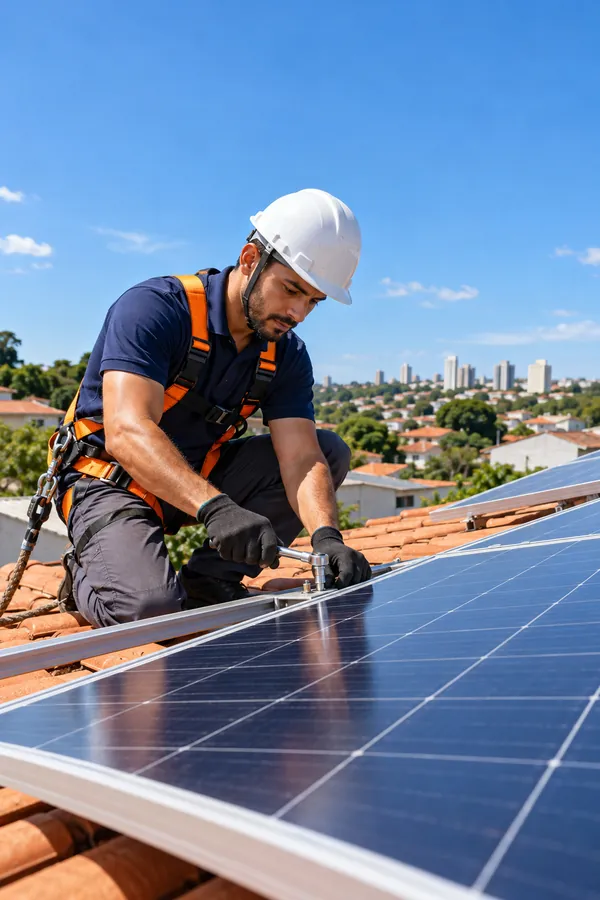 Instalador fixando painéis em telhado de prédio