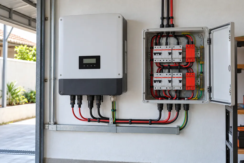 Inversor solar e string box com as proteções elétricas instalados na parede de uma casa