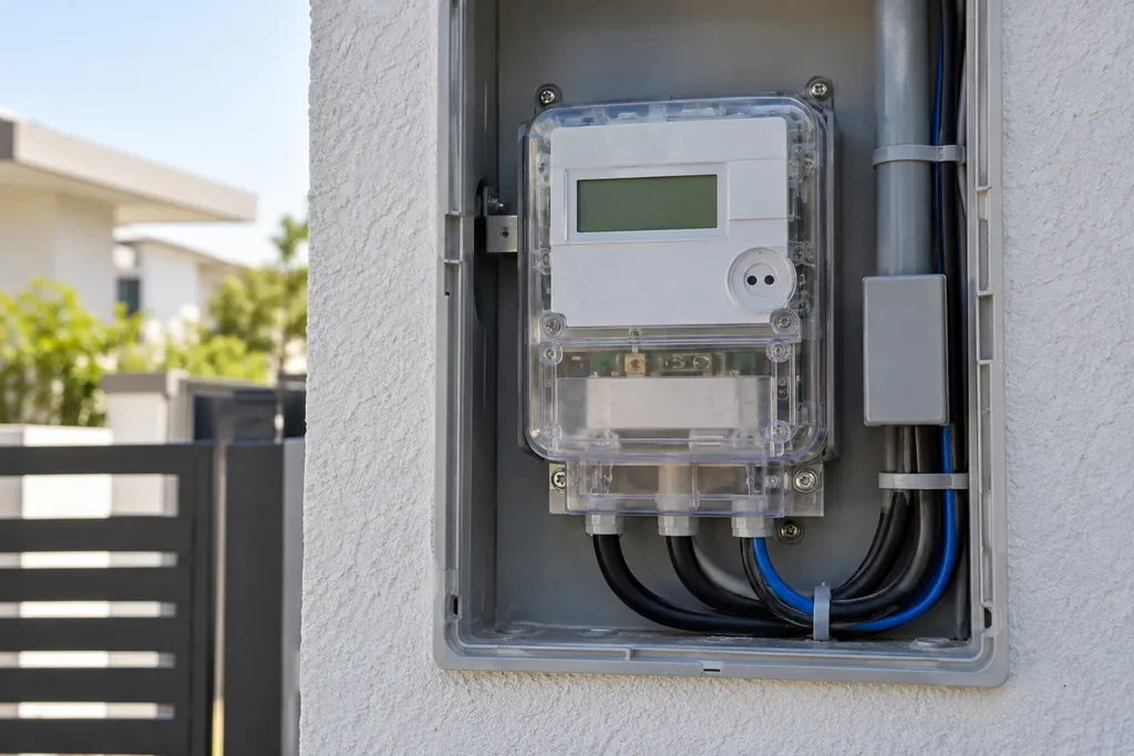 Medidor bidirecional de energia instalado no padrão de entrada de uma casa com energia solar