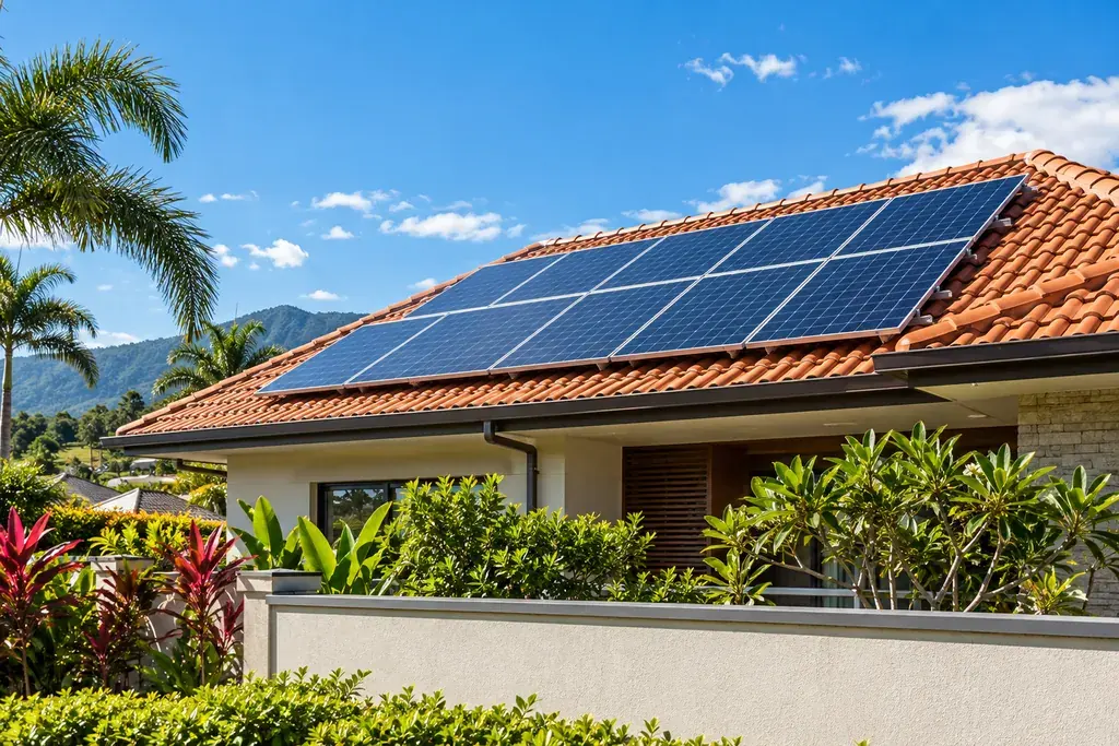 Painéis solares instalados no telhado de uma casa brasileira com céu aberto