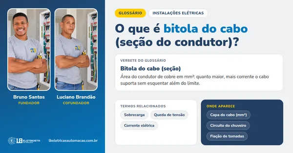 Infográfico do verbete Bitola do cabo (seção): definição, termos relacionados e onde aparece, com Bruno Santos e Luciano Brandão, fundadores da LB